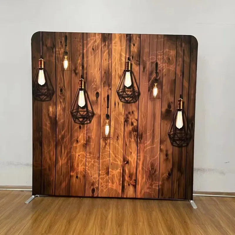 Rustic wood plank backdrop with Edison bulb string lights