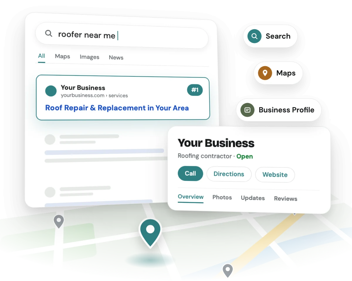Illustration of a local business at the top of Google search results, with its Business Profile and map pin.
