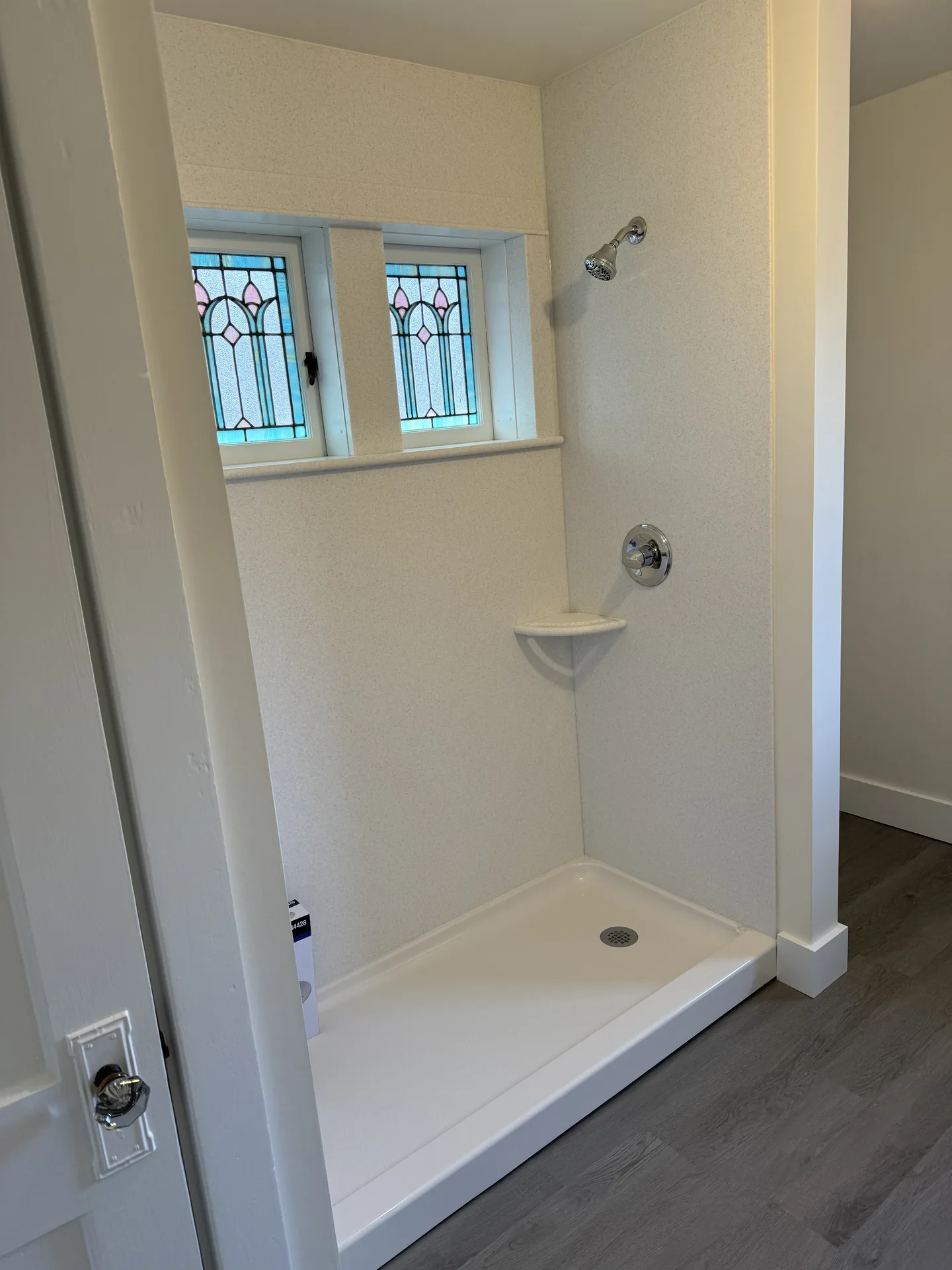 Shower remodel with stained glass windows