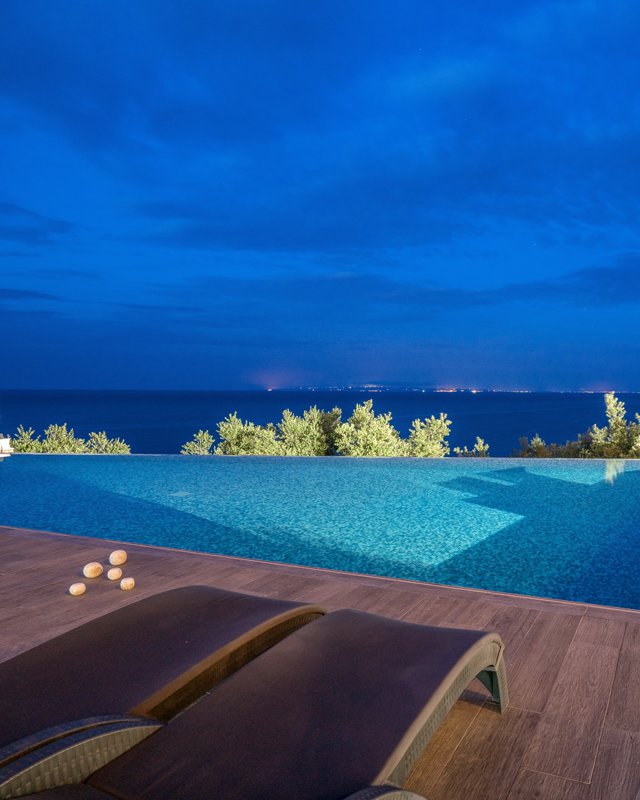 The infinity pool and its view of the Ionian Sea from Kymothoe Elite in Zakynthos