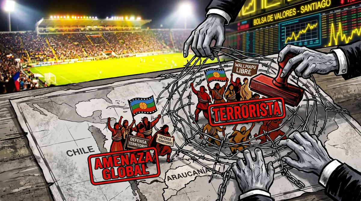 Ilustracion que muestra al pueblo mapuche como terrorismo internacional