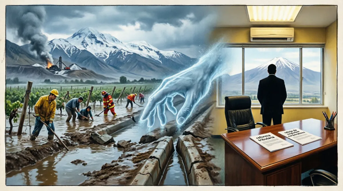 Ilustracion que muestra trabajadores sufriendo con inundaciones y elite mirando desde sus privilegios