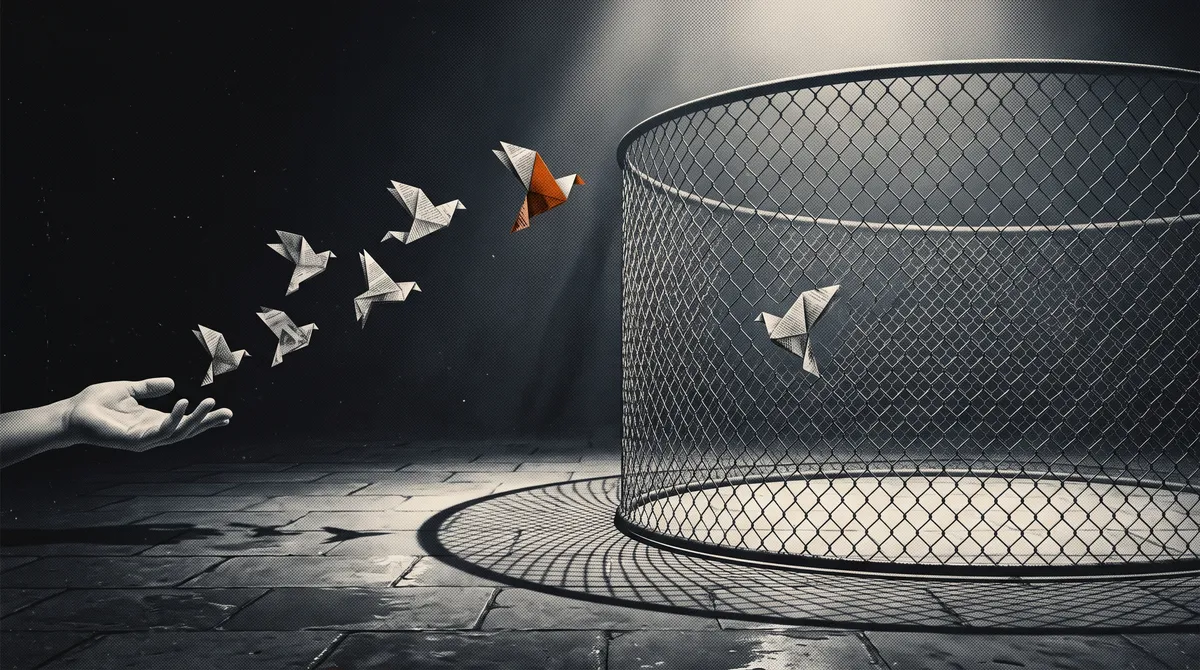 Ilustracion que representa pajaros hechos con hojas de libros volando hacia una jaula