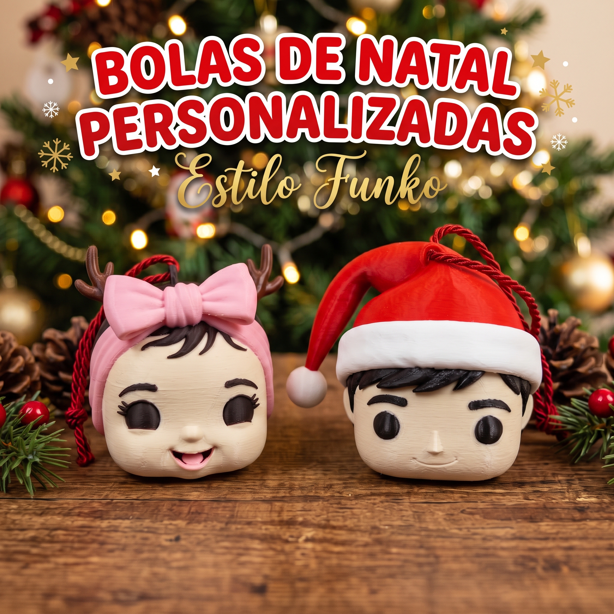 Bolas de Natal Personalizadas Estilo Funko em Impressão 3D – Enfeite de Árvore com Rosto Personalizado | Feito em Portugal 🇵🇹