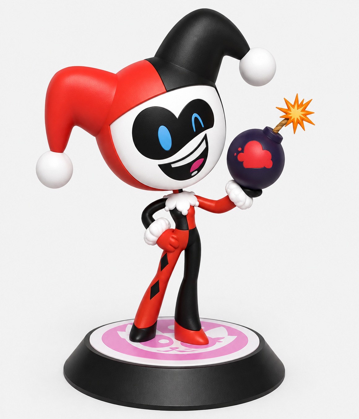 Figura Harley Quinn Chibi com Bomba em Impressão 3D – Estátua Colecionável Arlequina para Decoração Geek | Feito em Portugal 🇵🇹