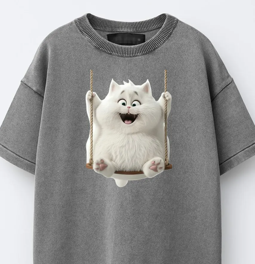 Термонаклейка "Белый котик на качелях" 13,5*19 см-1