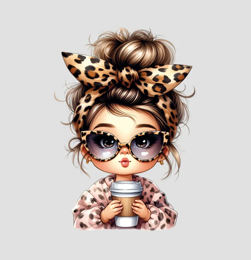 Термонаклейка "Девушка с кофе" в леопарде 19*13,5см-0