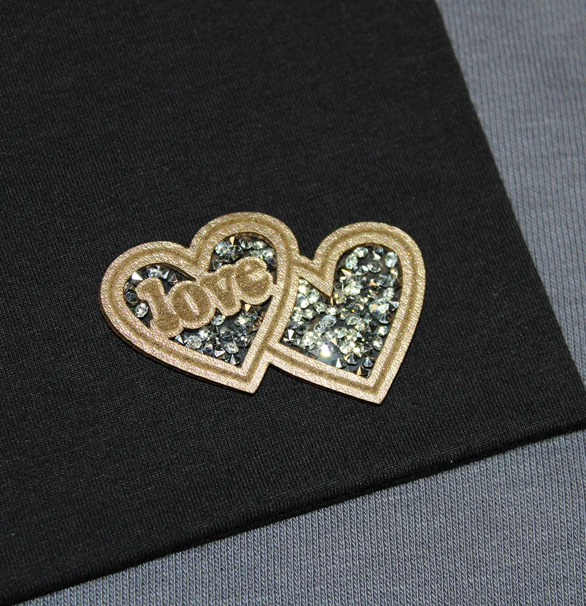 Нашивка з акриловим камінням "Love" подвійне cерце 50*37 мм золотого кольору кольору-0