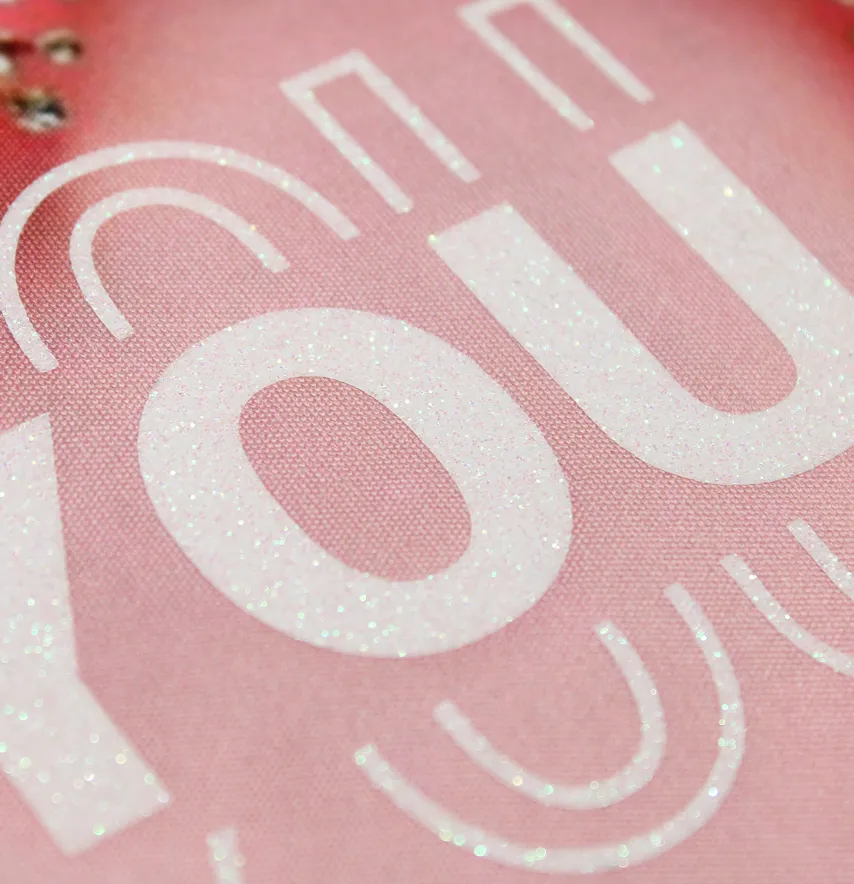 Нашивка тканева з декором "You" рожеве серце з глітером 21,5*24 см-2