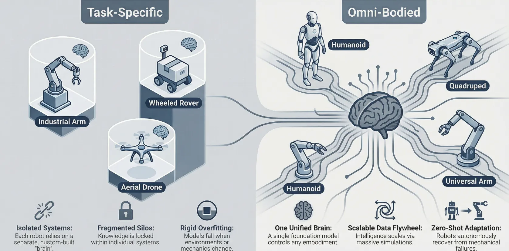 Shift from task-specific to omni-Bodied robots