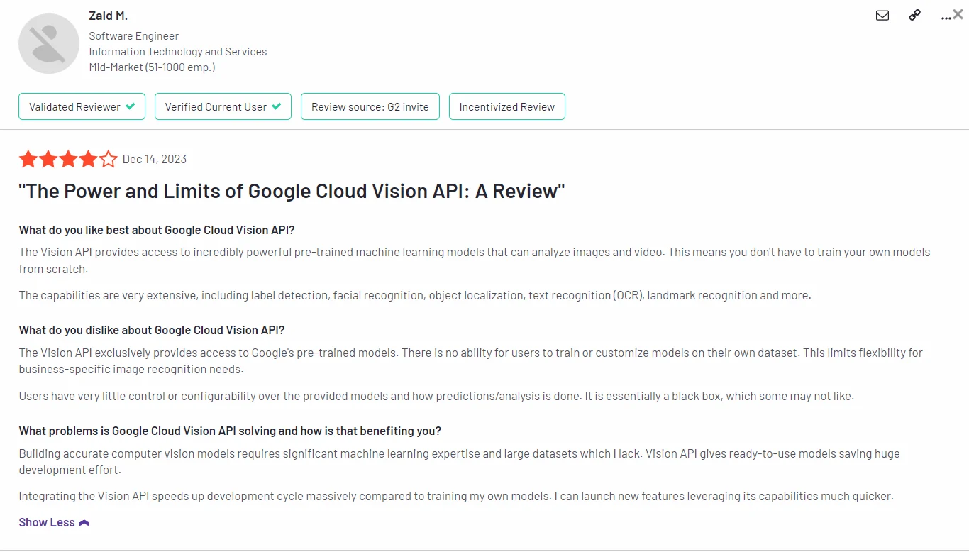 G2 review of Google Cloud Vision API highlighting its strengths in pre-trained models and limitations in customization.