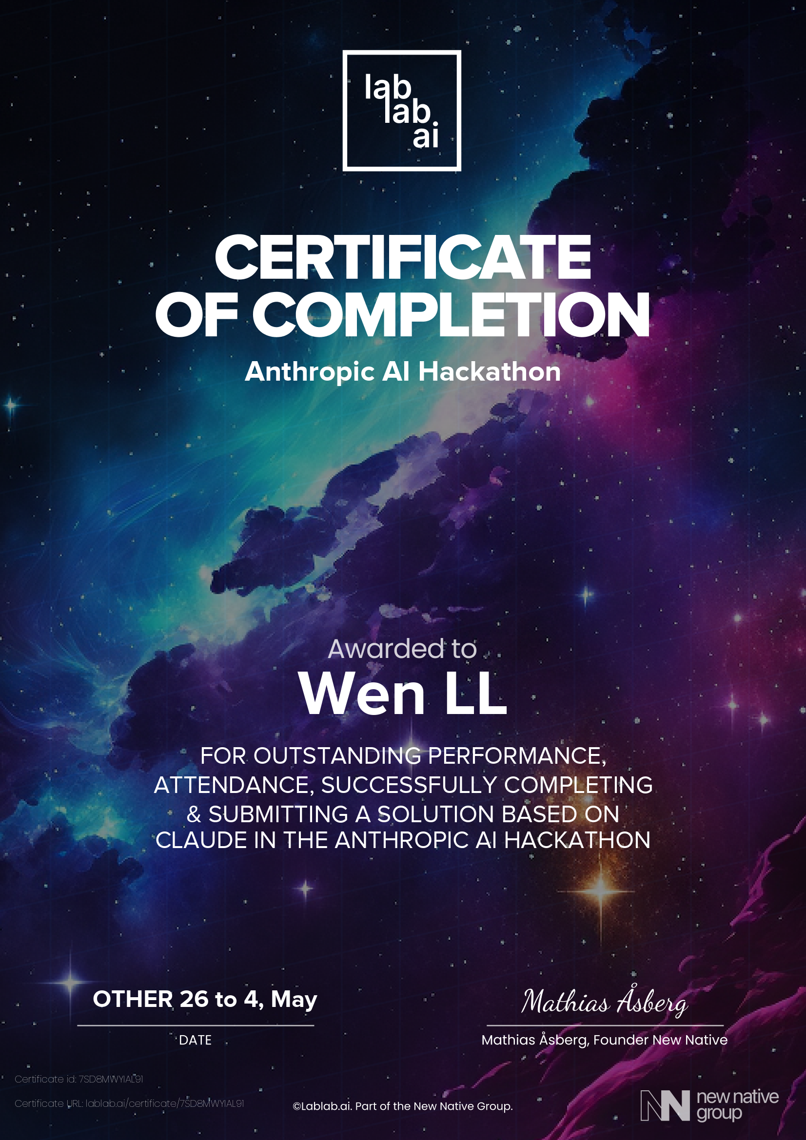 Certificate for wdli – Anthropic AI Hackathon