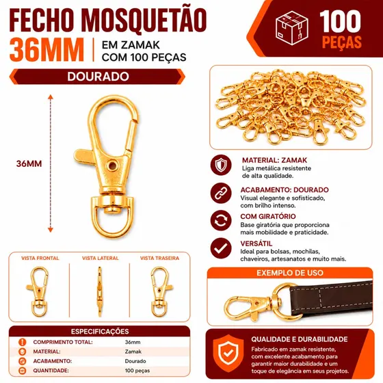 Fecho Mosquetao 36Mm Em Zamak (100 Pc) 073 - Dourado 073