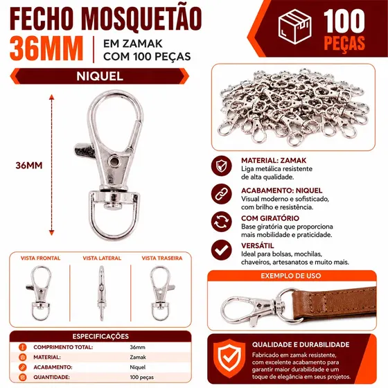 Fecho Mosquetao 36Mm Em Zamak (100 Pc) 074 - Niquel 074