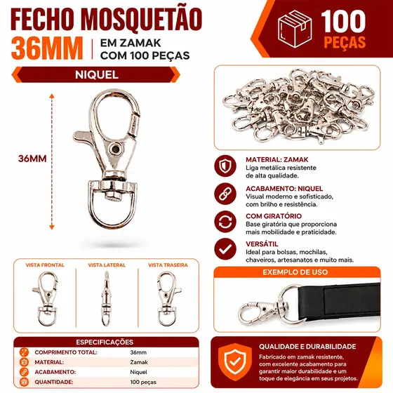 Fecho Mosquetao Base Arredondada 36Mm Em Zamak (100 Pc) 074 - Niquel 074