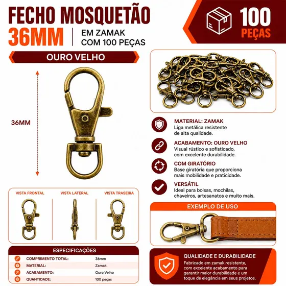 Fecho Mosquetao Base Arredondada 36Mm Em Zamak (100 Pc) 075 - Ouro Velho