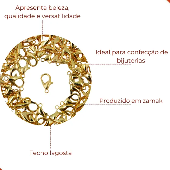 Fecho Lagosta 16Mm Em Zamak Com 25 Pcs - Dourado
