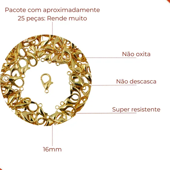 Fecho Lagosta 16Mm Em Zamak Com 25 Pcs - Dourado
