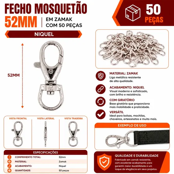 Fecho Mosquetao 52Mm Em Zamak (50 Pc) 074 - Niquel 074