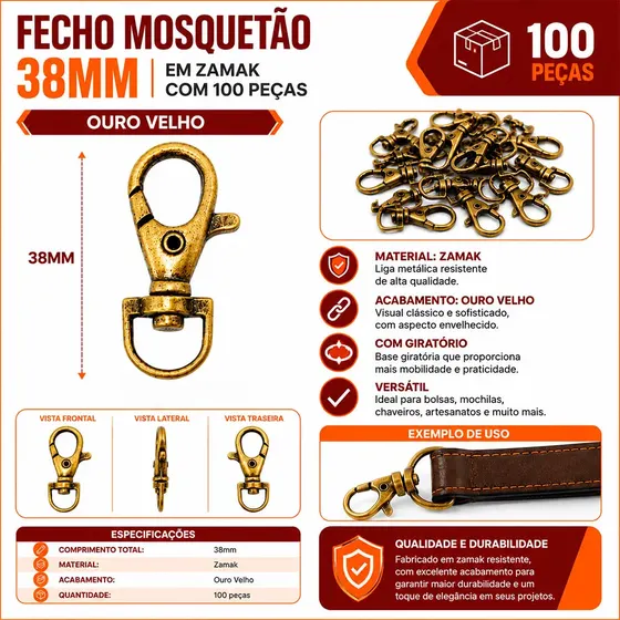 Fecho Mosquetao 38Mm Em Zamak (100 Pc) 075 - Ouro Velho