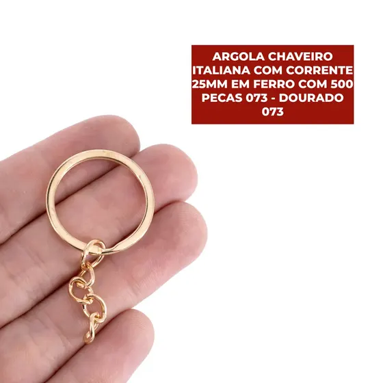 Argola Chaveiro Italiana Com Corrente 25Mm Em Ferro Com 500 Pecas 073 - Dourado 073