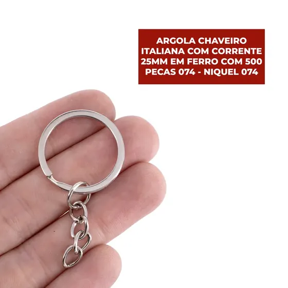Argola Chaveiro Italiana Com Corrente 25Mm Em Ferro Com 500 Pecas 074 - Niquel 074