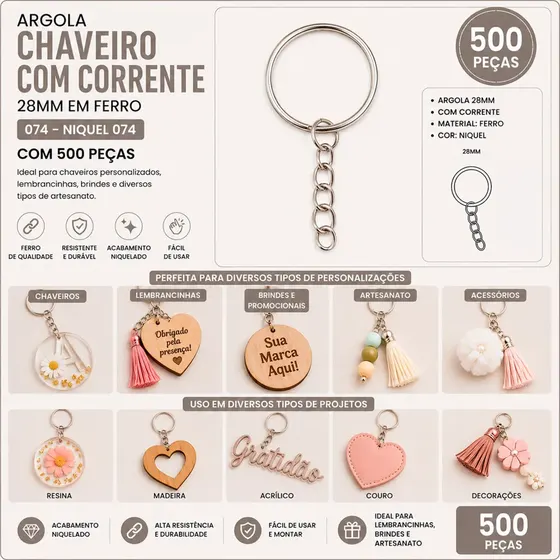 Argola Chaveiro Com Corrente 28Mm Em Ferro Com 500 Pecas 074 - Niquel 074