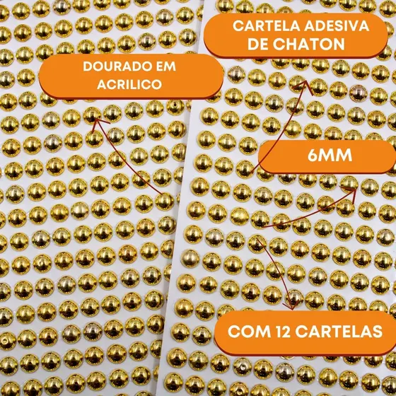 Cartela Adesiva De De Chaton 06Mm C/12 Cartelas Em Acrilico - Dourado