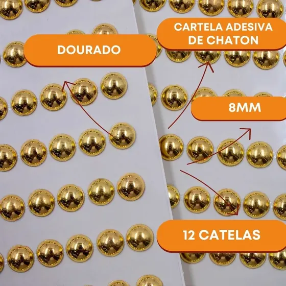 Cartela Adesiva De De Chaton 08Mm Em Acrilico C/12 Cartelas - Dourado