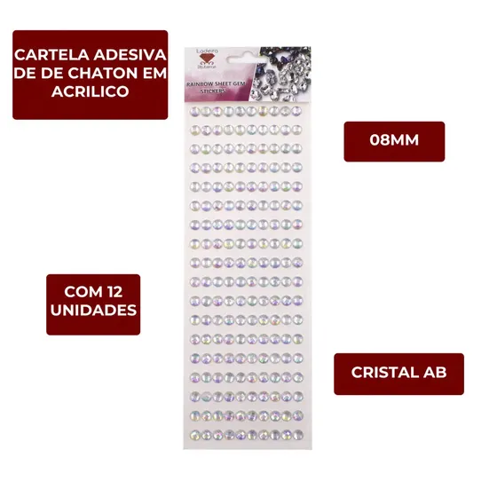 Cartela Adesiva De De Chaton 08Mm Em Acrilico Com 12 Unidades