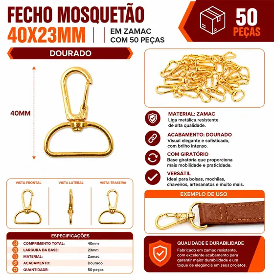 Fecho Mosquetao Base Reta 40X23Mm Em Zamac (50 Pc)