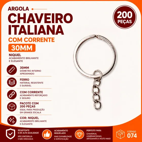 Argola Chaveiro Italiana Com Corrente 30Mm Em Ferro Com 200 Pecas - Niquel