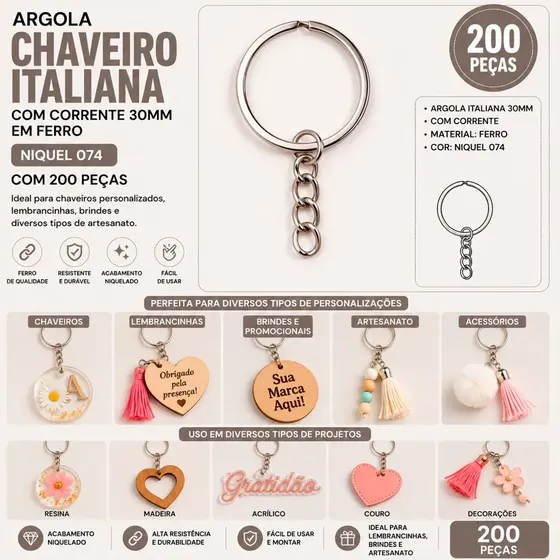 Argola Chaveiro Italiana Com Corrente 30Mm Em Ferro Com 200 Pecas - Niquel