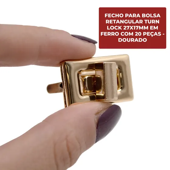 Fecho Para Bolsa Retangular Turn Lock 27X17Mm Em Ferro (20 Pc) - Dourado