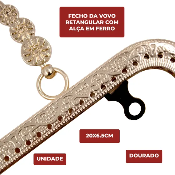 Fecho Da Vovo Retangular Com Alca 20X6.5Cm Em Ferro Unidade - Dourado