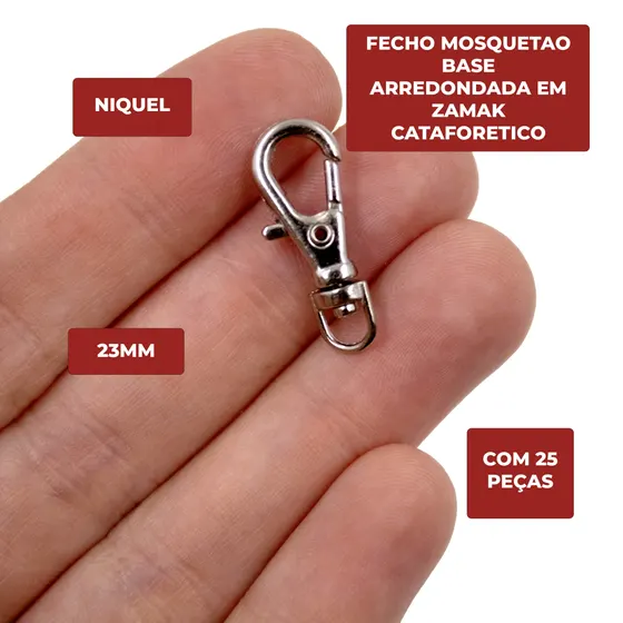 Fecho Mosquetao Base Arredondada 23Mm Em Zamak Cataforetico (25 Pc) - Niquel