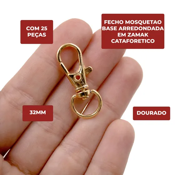 Fecho Mosquetao Base Arredondada 32Mm Em Zamak Cataforetico (25 Pc) - Dourado