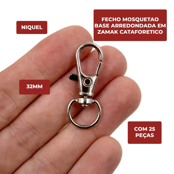 Fecho Mosquetao Base Arredondada 32Mm Em Zamak Cataforetico (25 Pc) - Niquel