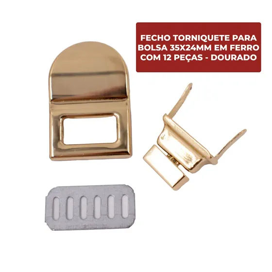 Fecho Torniquete Para Bolsa 35X24Mm Em Ferro (12 Pc) - Dourado