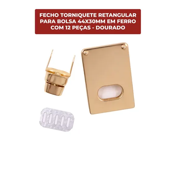 Fecho Torniquete Retangular Para Bolsa 44X30Mm Em Ferro (12 Pc) - Dourado