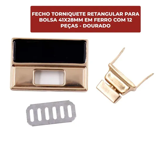 Fecho Torniquete Retangular Para Bolsa 41X28Mm Em Ferro (12 Pc) - Dourado
