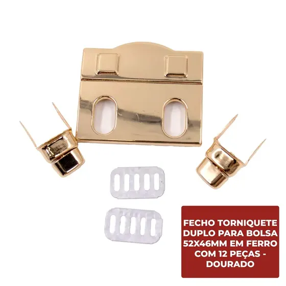 Fecho Torniquete Duplo Para Bolsa 52X46Mm Em Ferro (12 Pc) - Dourado