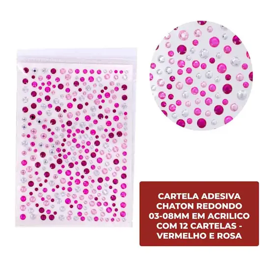 Cartela Adesiva Chaton Redondo 03-08Mm Em Acrilico Com 12 Cartelas - Vermelho E Rosa
