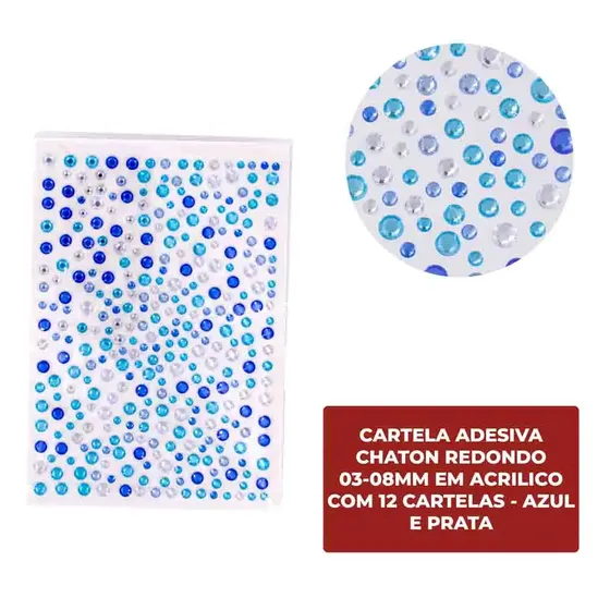 Cartela Adesiva Chaton Redondo 03-08Mm Em Acrilico Com 12 Cartelas - Azul E Prata