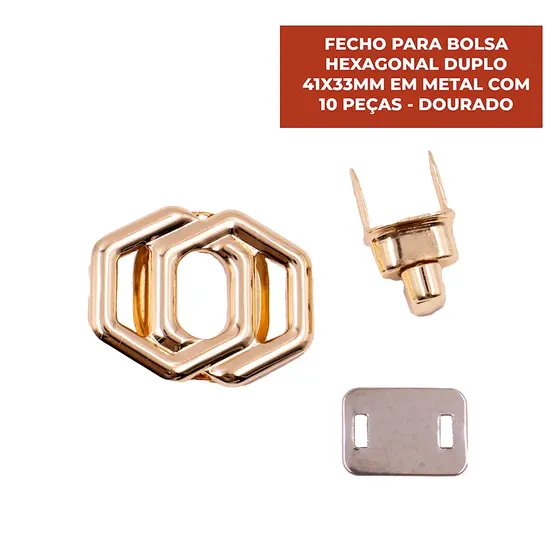 Fecho Para Bolsa Hexagonal Duplo 41X33Mm Em Metal (10 Pc) - Dourado