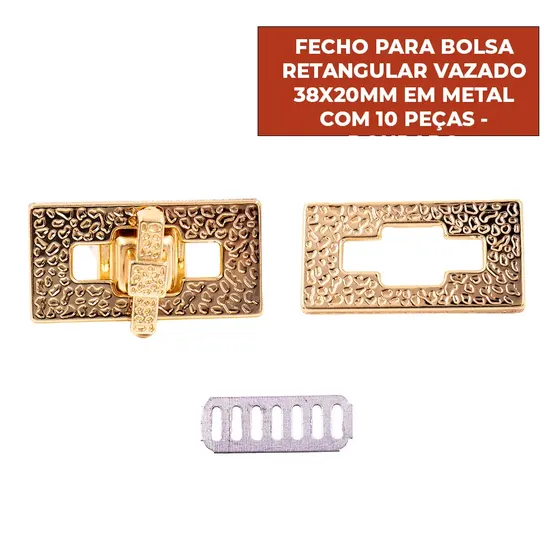 Fecho Para Bolsa Retangular Vazado 38X20Mm Em Metal (10 Pc) - Dourado