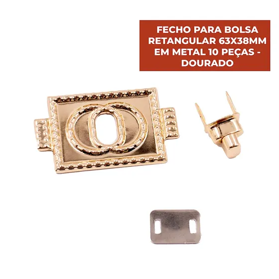 Fecho Para Bolsa Retangular 63X38Mm Em Metal 10 Pecas - Dourado