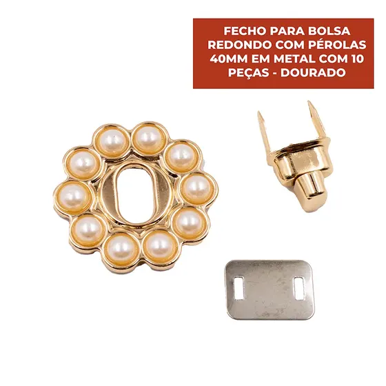 Fecho Para Bolsa Redondo Com Perolas 40Mm Em Metal (10 Pc) - Dourado
