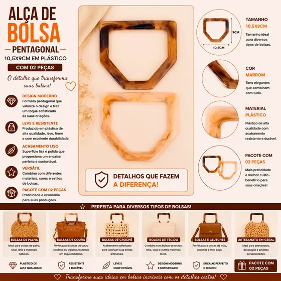 Alca De Bolsa Pentagonal 10,5X9Cm Em Plastico (2 Pc)
