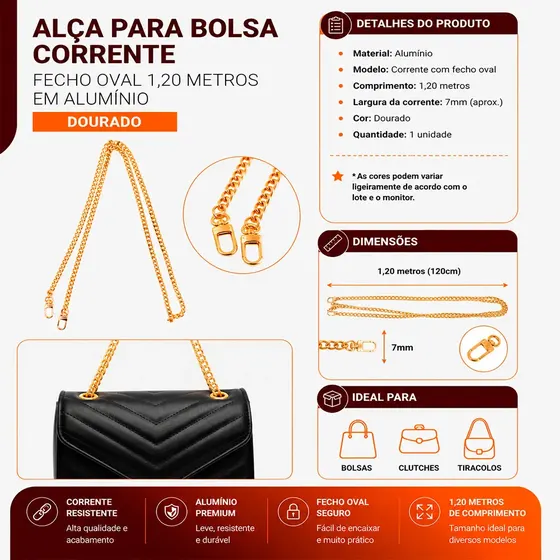 Alca Para Bolsa Corrente Fecho Oval 1,20 Metros Em Aluminio Unidade